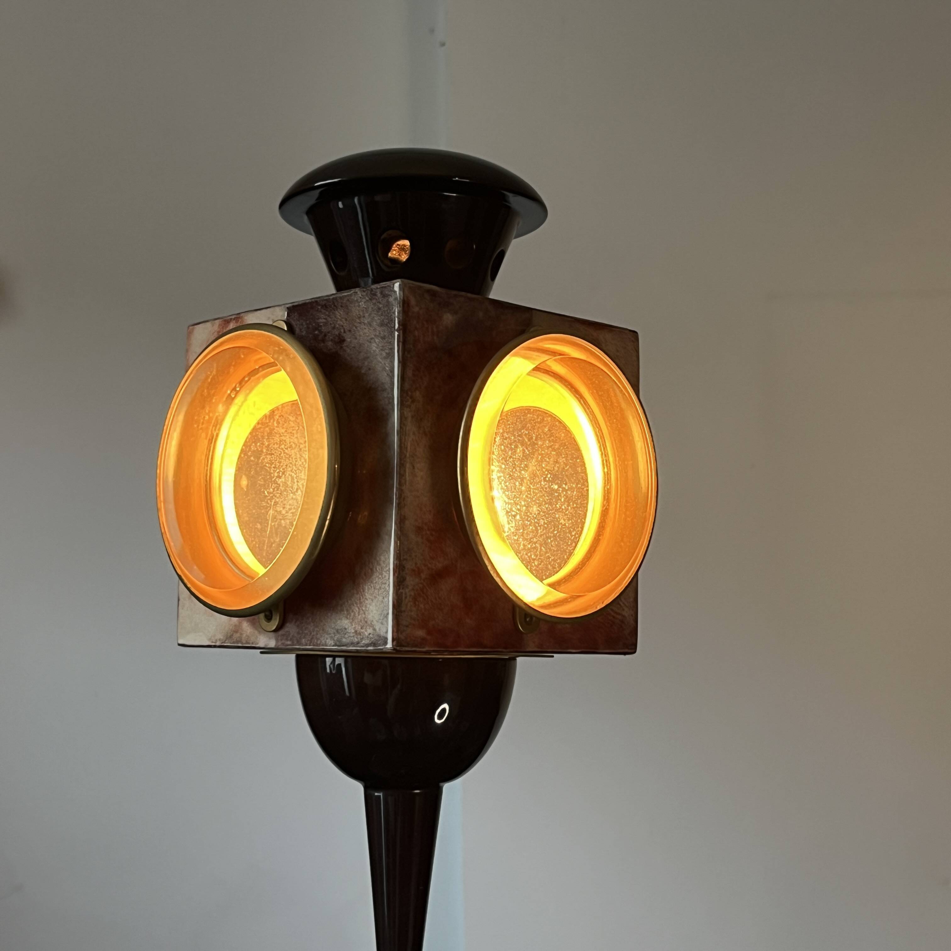 'bird' floor lamp by aldo tura, red goatskin parchment, ca 1950