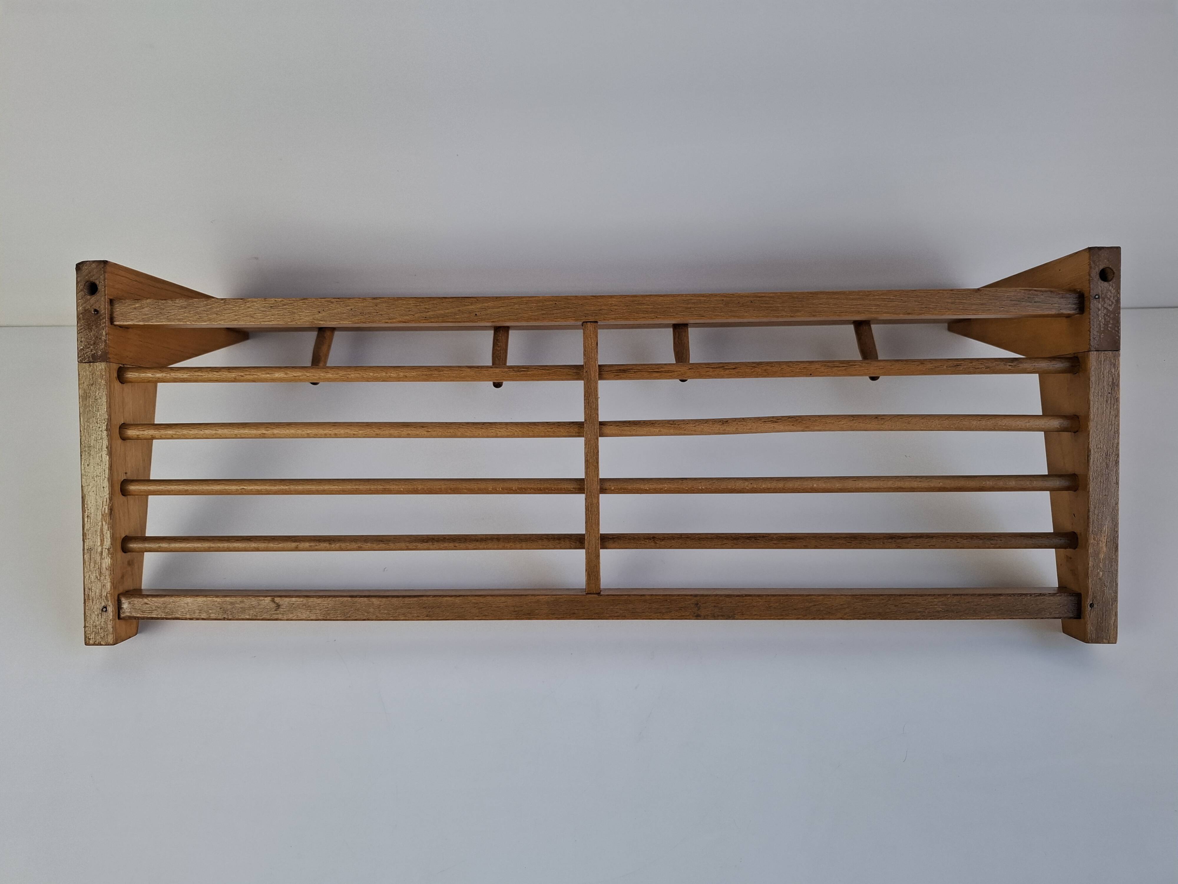 Mid-century Czechoslovak wooden wall coat rack with shelf, Uluv, 1970s