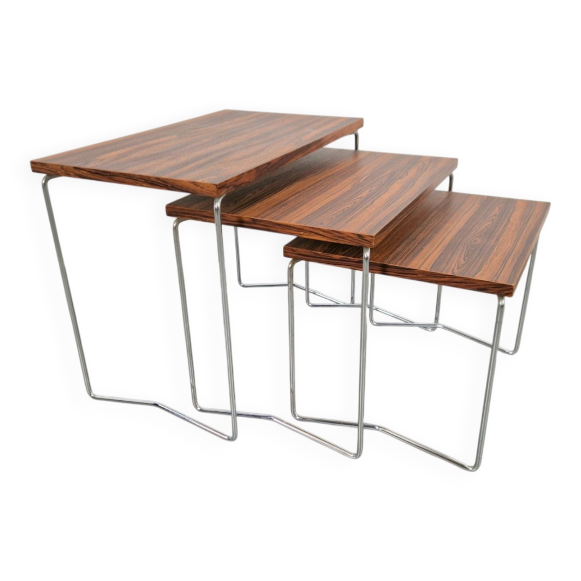 Tables gigognes en chrome et bois de Brabantia, années 1970, ensemble de 3