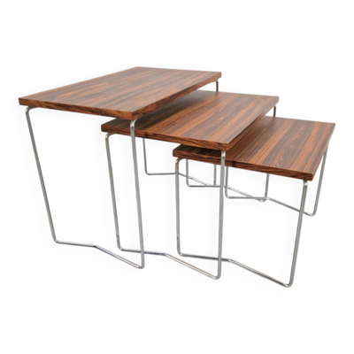 Tables gigognes en chrome et bois de Brabantia, années 1970, ensemble de 3