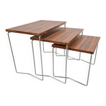 Nesting Tables in Chrome and Wood from Brabantia, 1970s, Set of 3