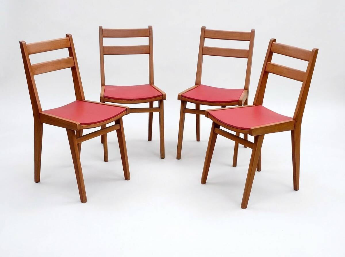 Vintage chairs from the 1950s in wood and faux leather.