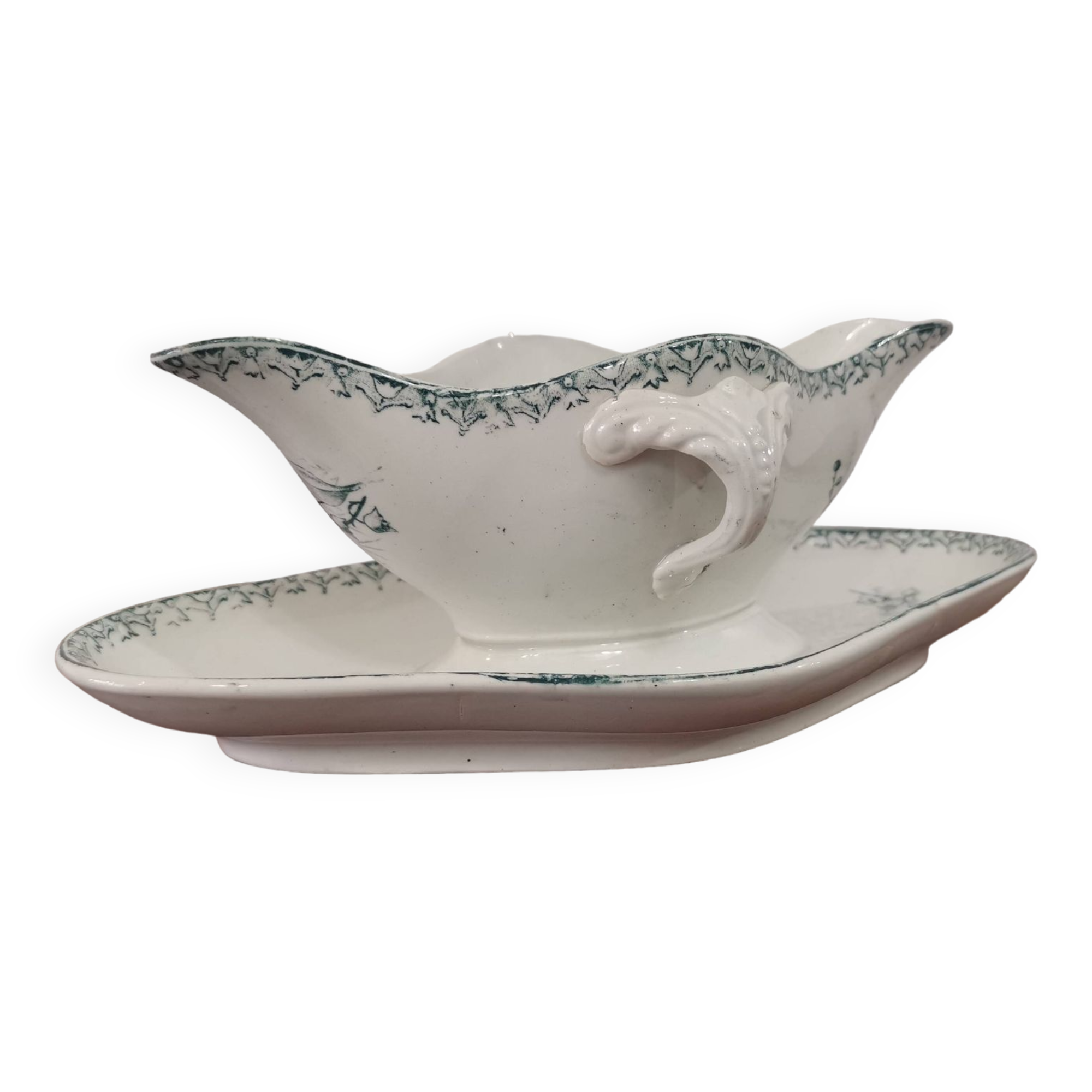 Gravy boat on pedestal with handles Terre de fer St Amand amandinoise "lily of the valley"