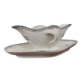 Gravy boat on pedestal with handles Terre de fer St Amand amandinoise "lily of the valley"