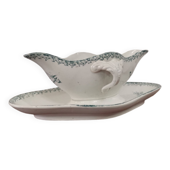 Gravy boat on pedestal with handles Terre de fer St Amand amandinoise "lily of the valley"