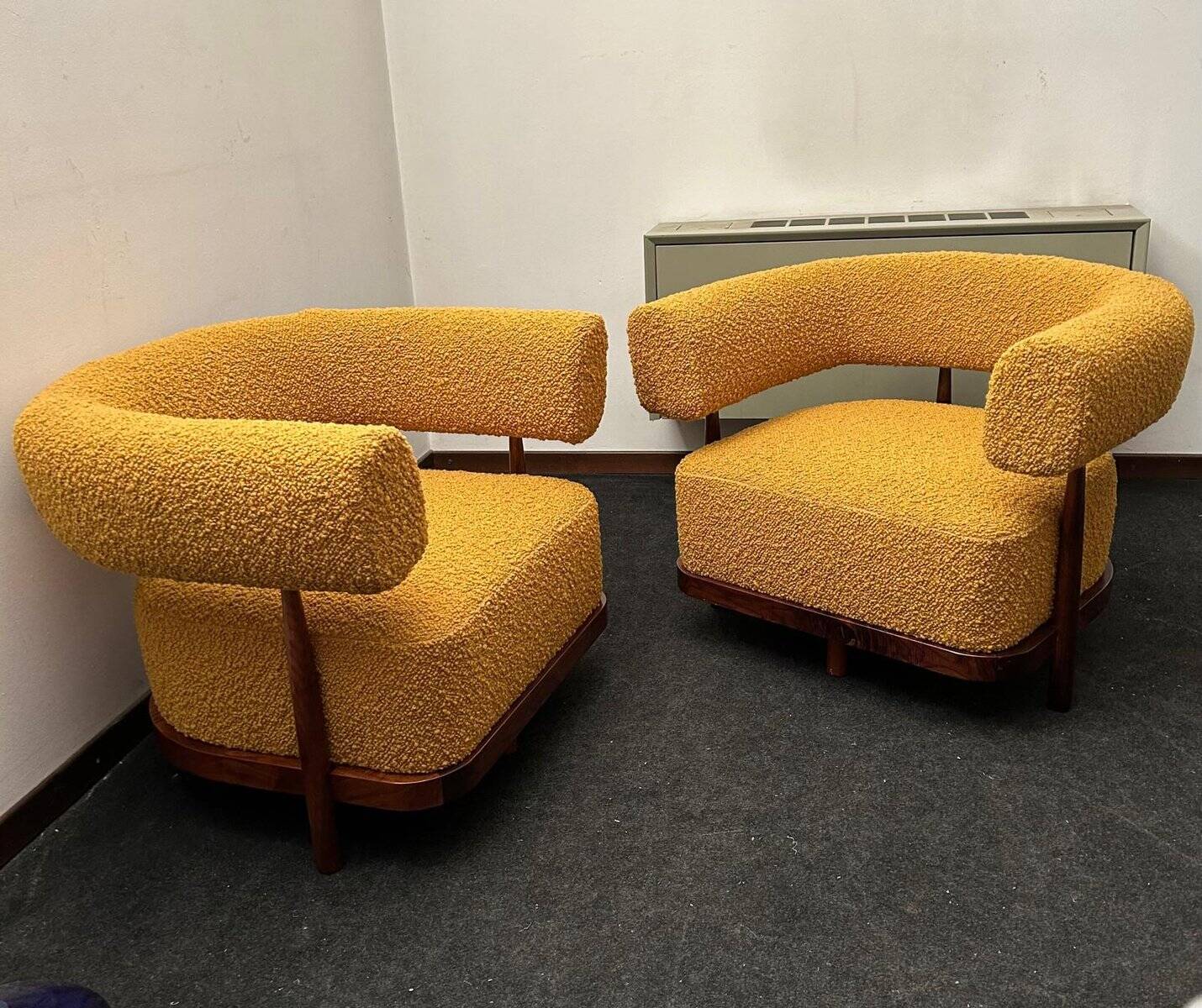 Set of Lounge Chairs with Tapered Legs in Mustard Bouclé Wood, 2000s