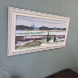 Mid-Century Modern Swedish "Planes" Vintage Expressive Landscape Oil Painting, Framed