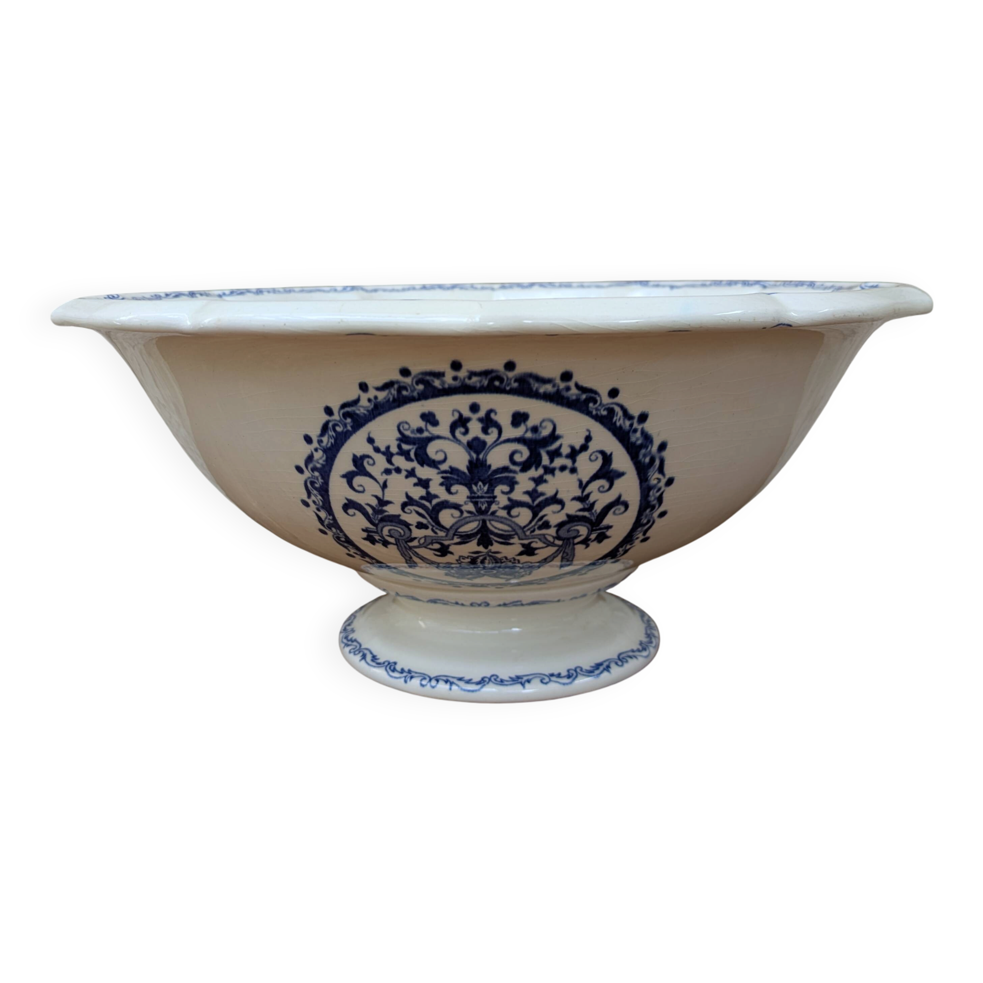Vintage large salad bowl Gien Rouen model blue arabesques 30x14cm