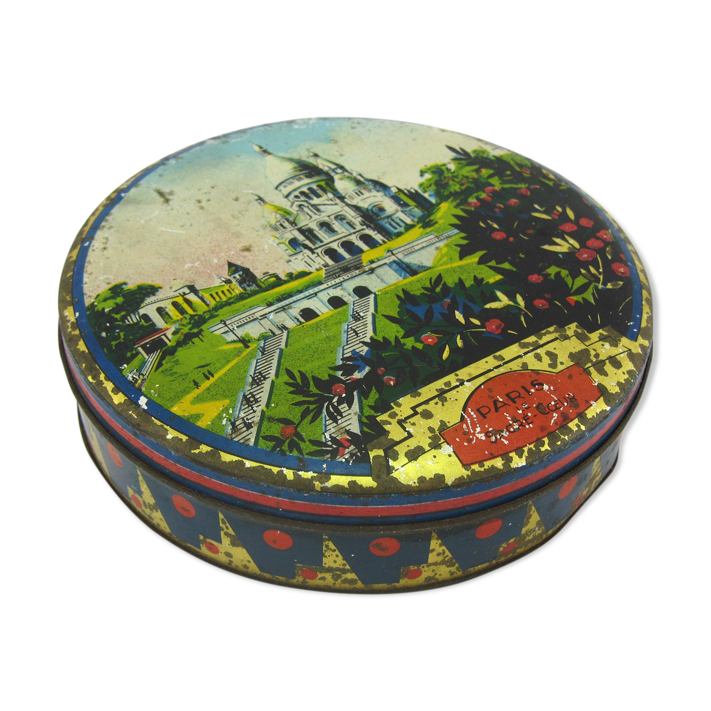 Old box of candies in lithographed sheet metal - Basilica Sacred Heart Paris - vintage 30s