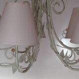 Lustre vintage, 5 feux, fer forgé et perles