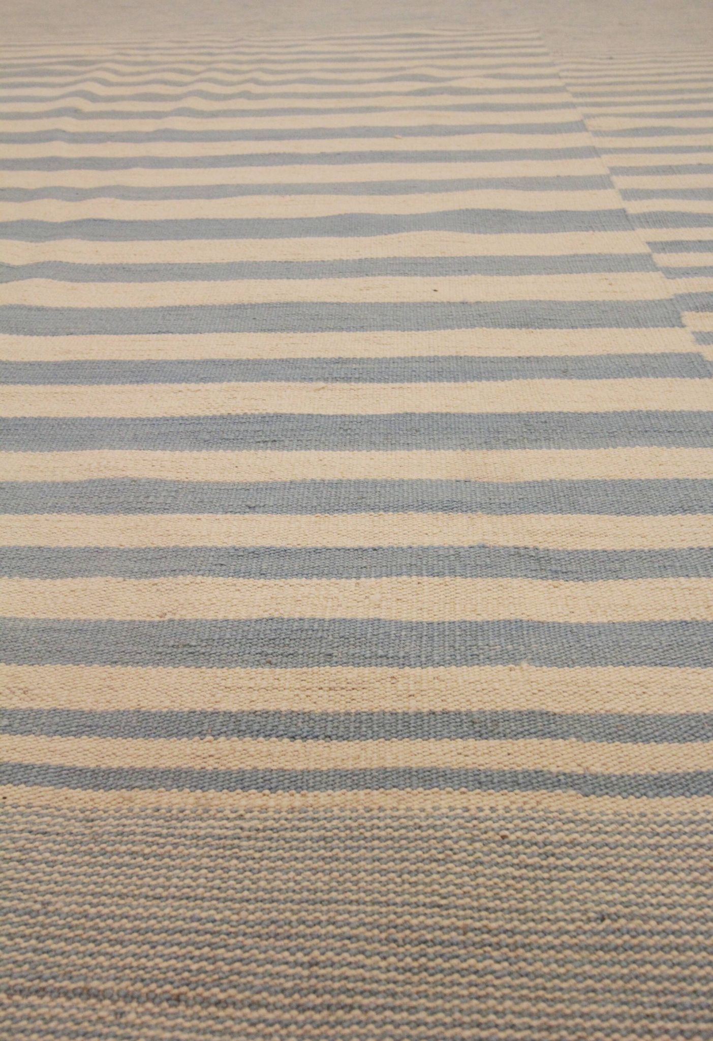 Blue cream wool kilim handwoven modern kilim flat-weave area rug-205x283cm