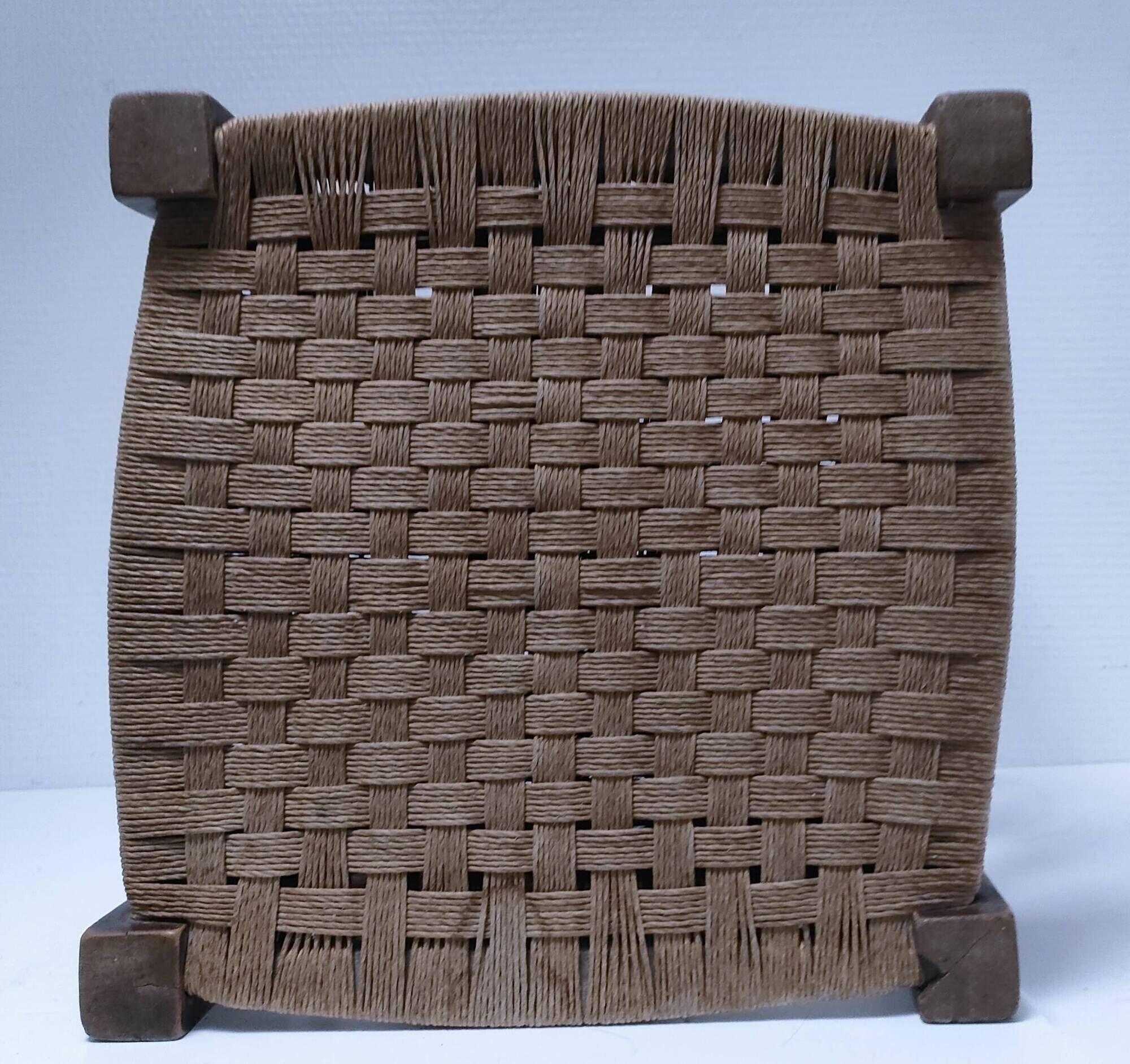 wooden stool with woven plant seat vintage