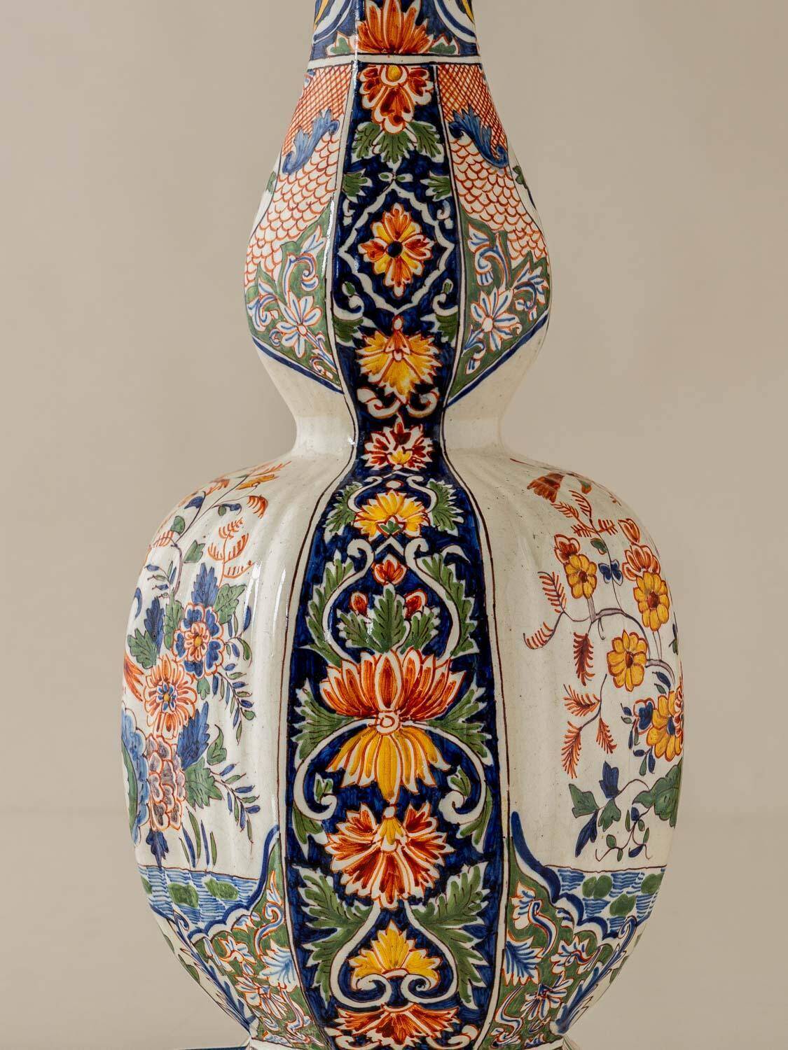 Delft-style ceramic table lamp from France around 1900 with a new blue velvet shade.