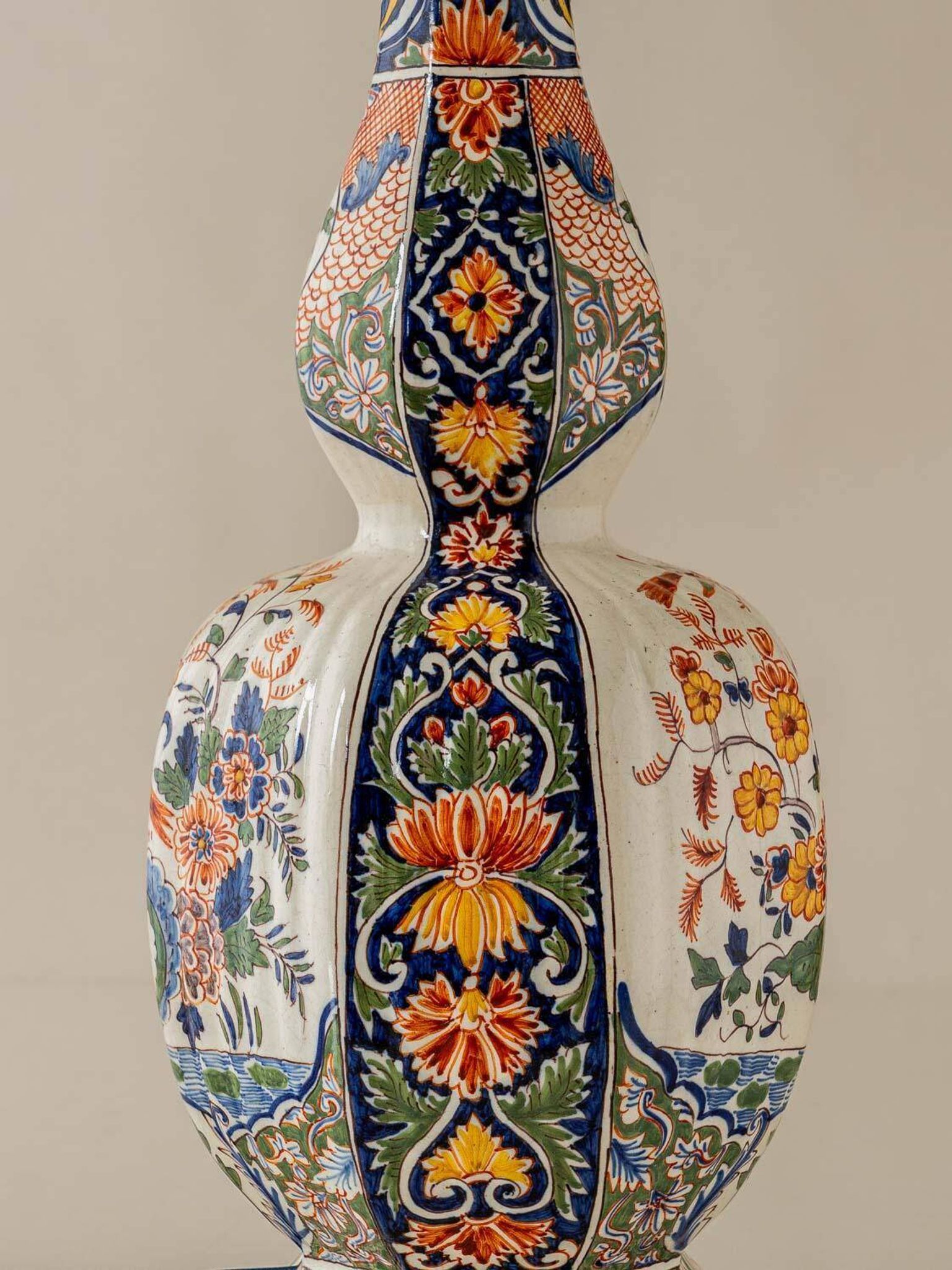 Delft-style ceramic table lamp from France around 1900 with a new blue velvet shade.