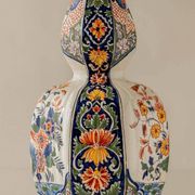 Delft-style ceramic table lamp from France around 1900 with a new blue velvet shade.