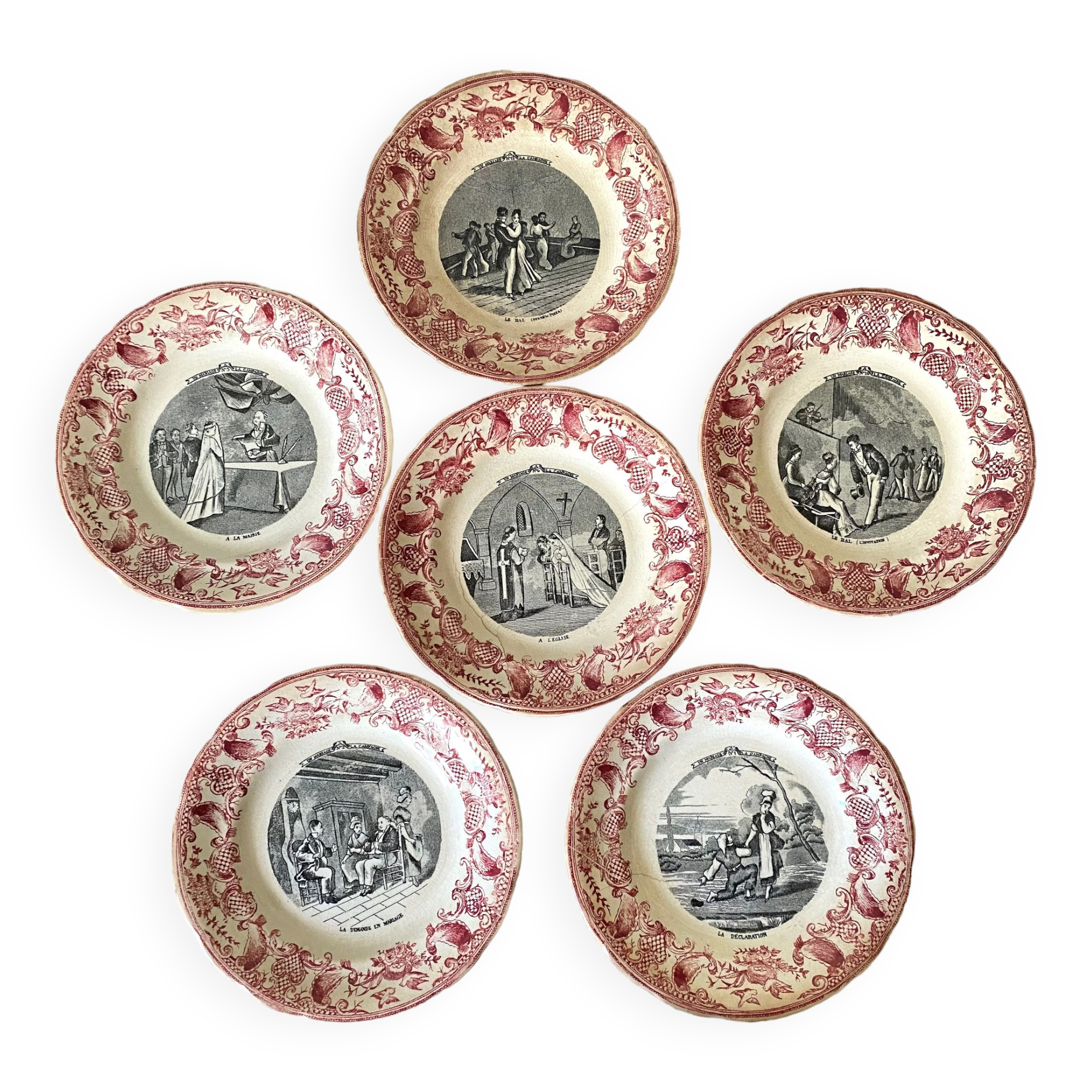 Old talking plates Gien "a wedding in the countryside"