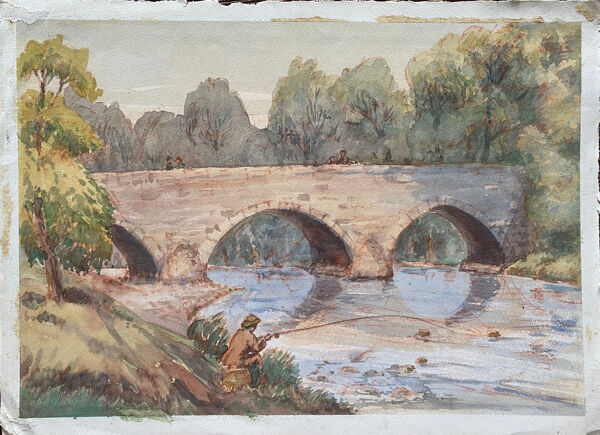Tableau Aquarelle ''Le pêcheur, paysage de rivière animé