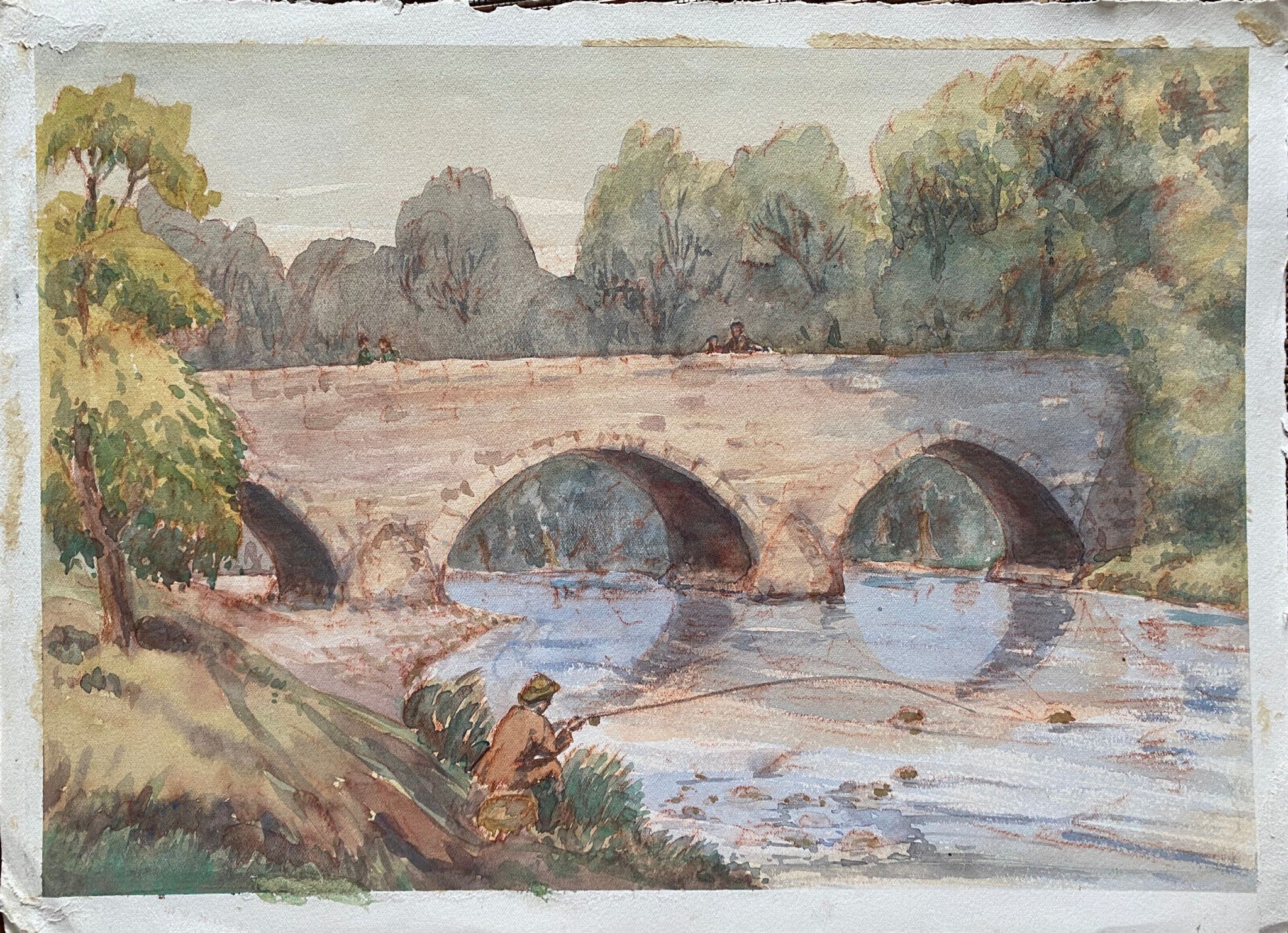 Watercolor painting "the fisherman, lively river landscape"