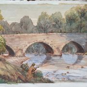 Watercolor painting "the fisherman, lively river landscape"