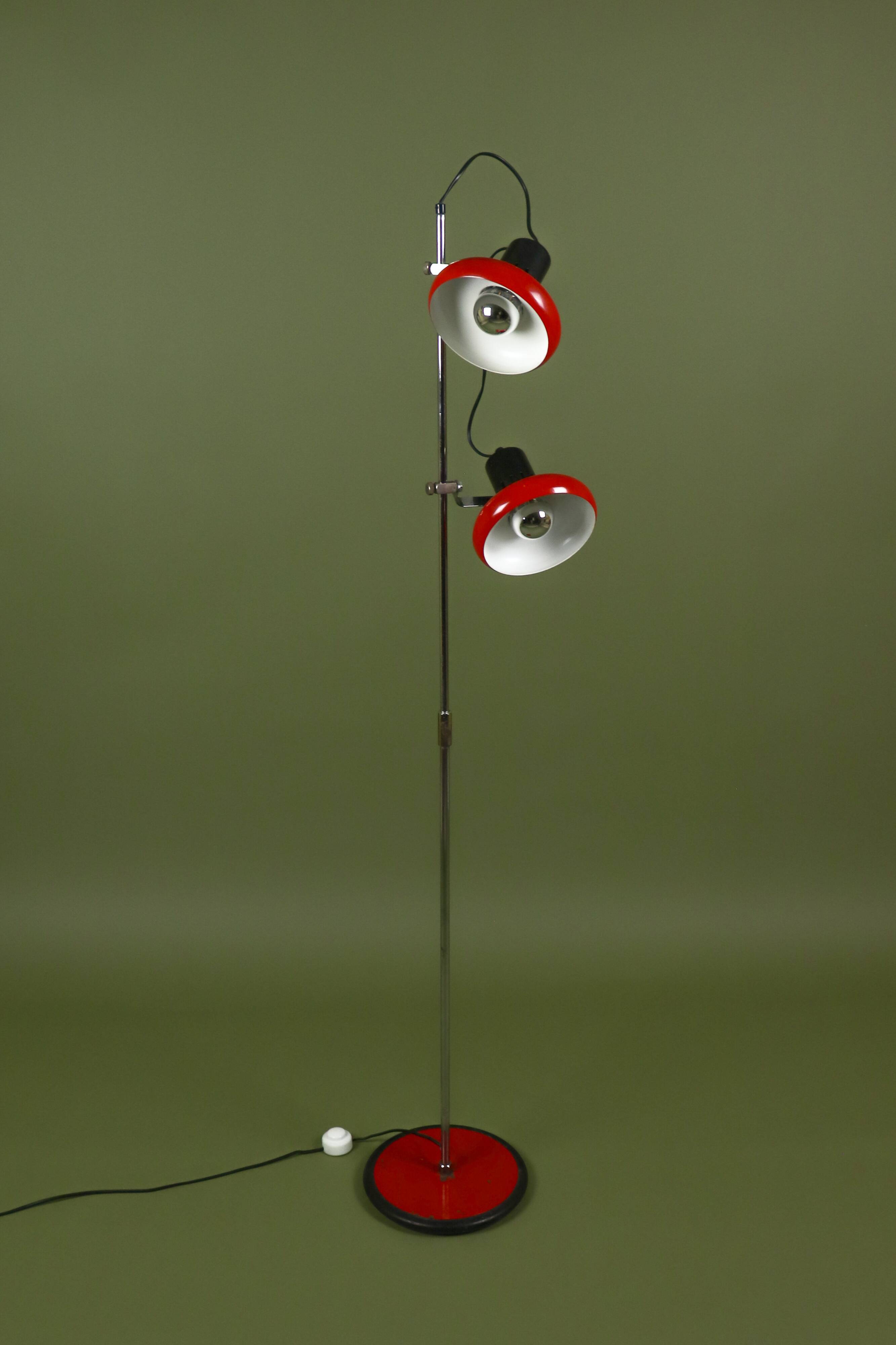 Red and black Aluminor floor lamp with two lights from the 1960s.