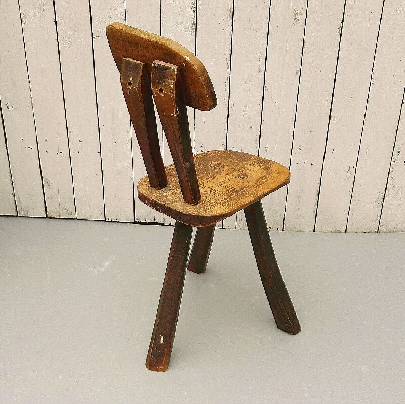 Vintage brutalist wooden tripod chair