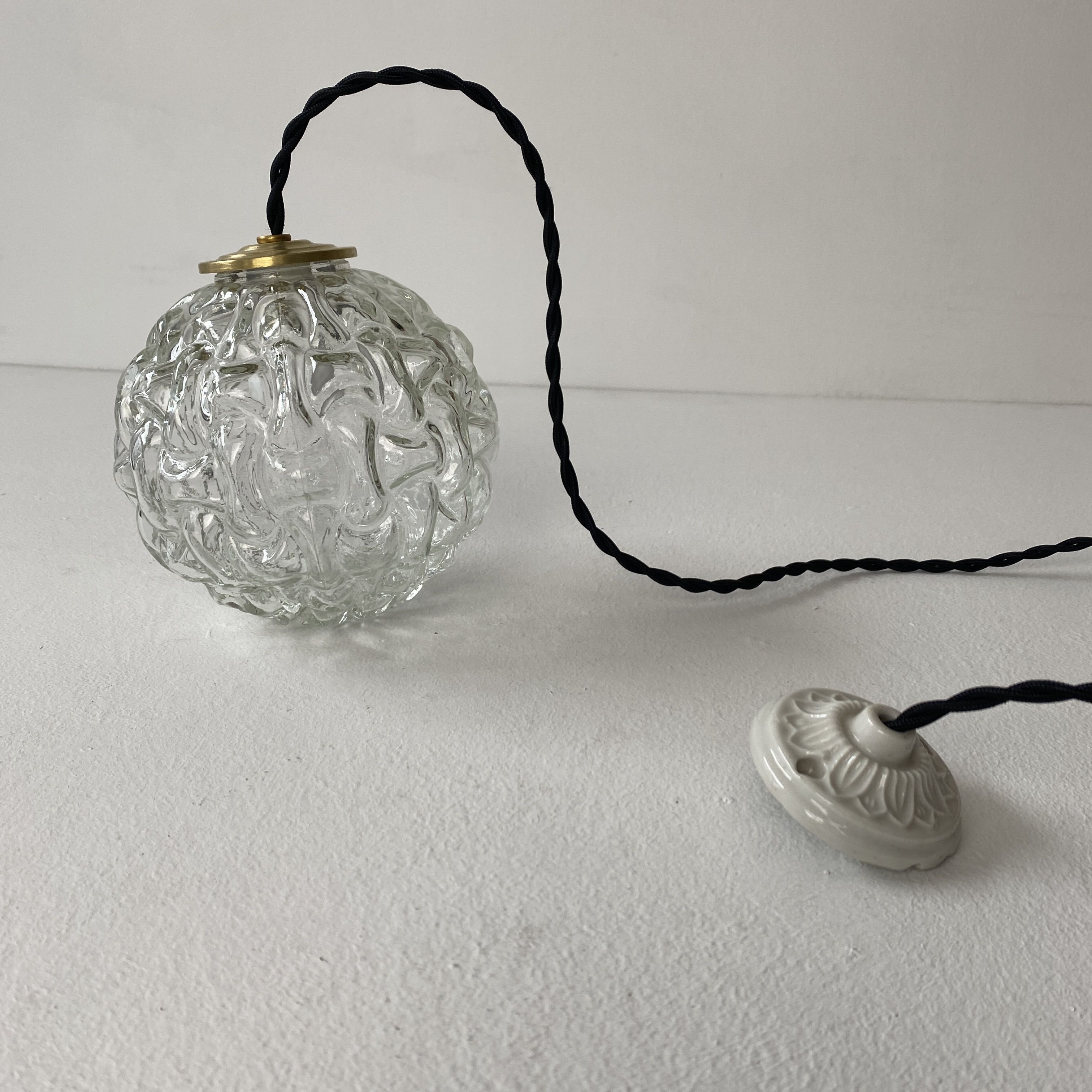 Pair of vintage molded glass round pendant lamps