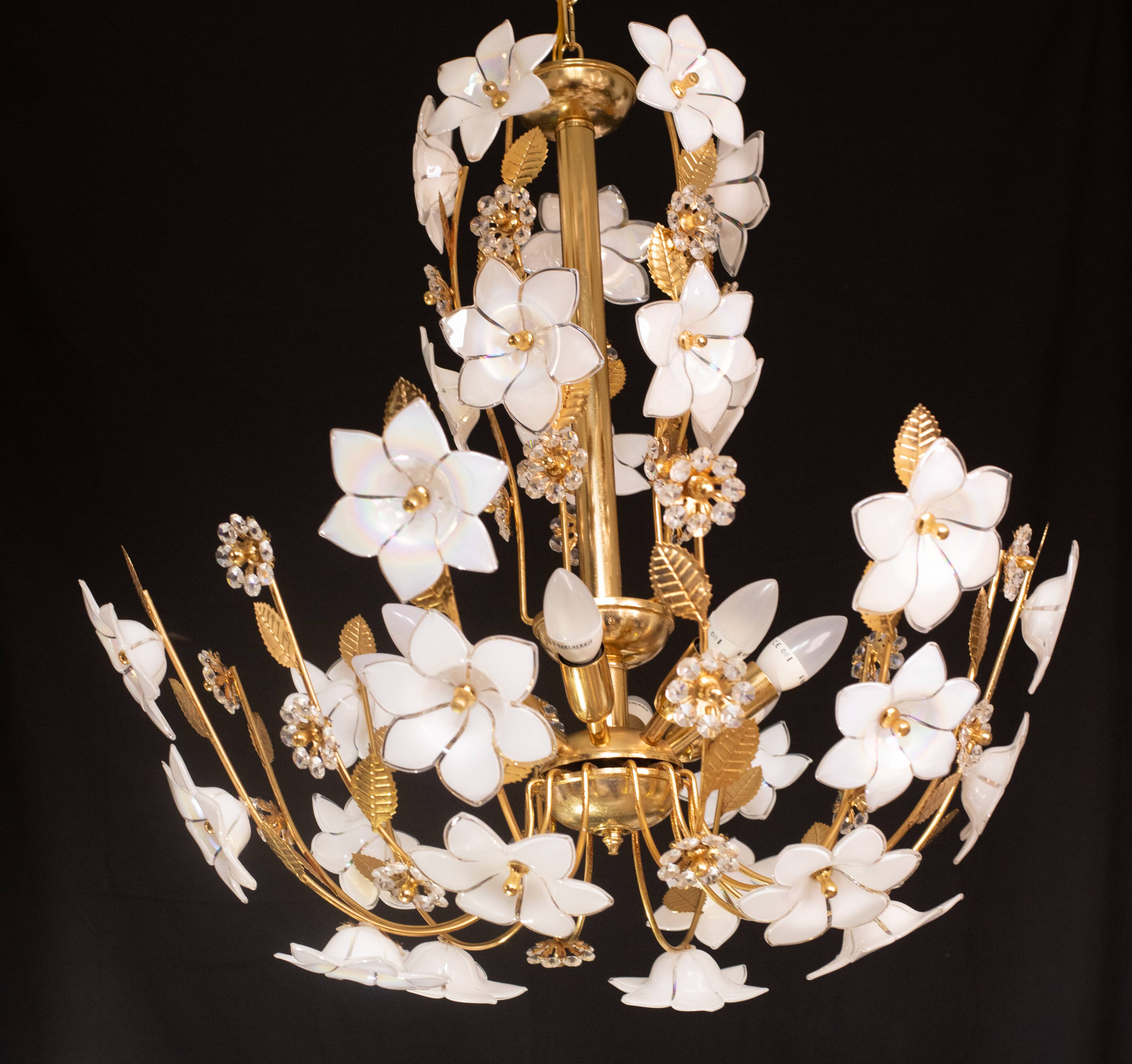 Large Size Vintage Murano Glass Chandelier White Flowers, 1970