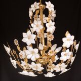 Large Size Vintage Murano Glass Chandelier White Flowers, 1970