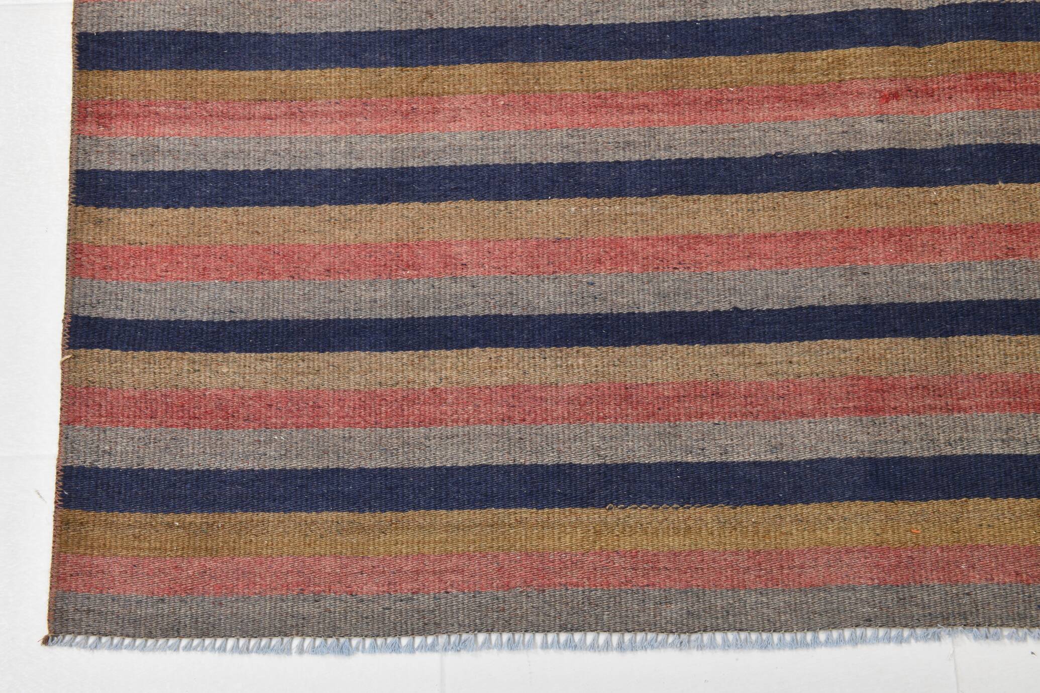 Navy Blue & Terracotta Hand Woven Turkish Striped Kilim Rug, 147x217 Cm