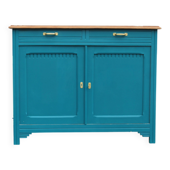 Renovated vintage art deco sideboard – Petrol blue V33 – Raw wood top