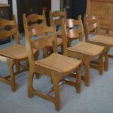 Set of 6 oak dining chairs with rush seat and 'Echelle' backrest in the style of Guillerme et Chambron 1950s