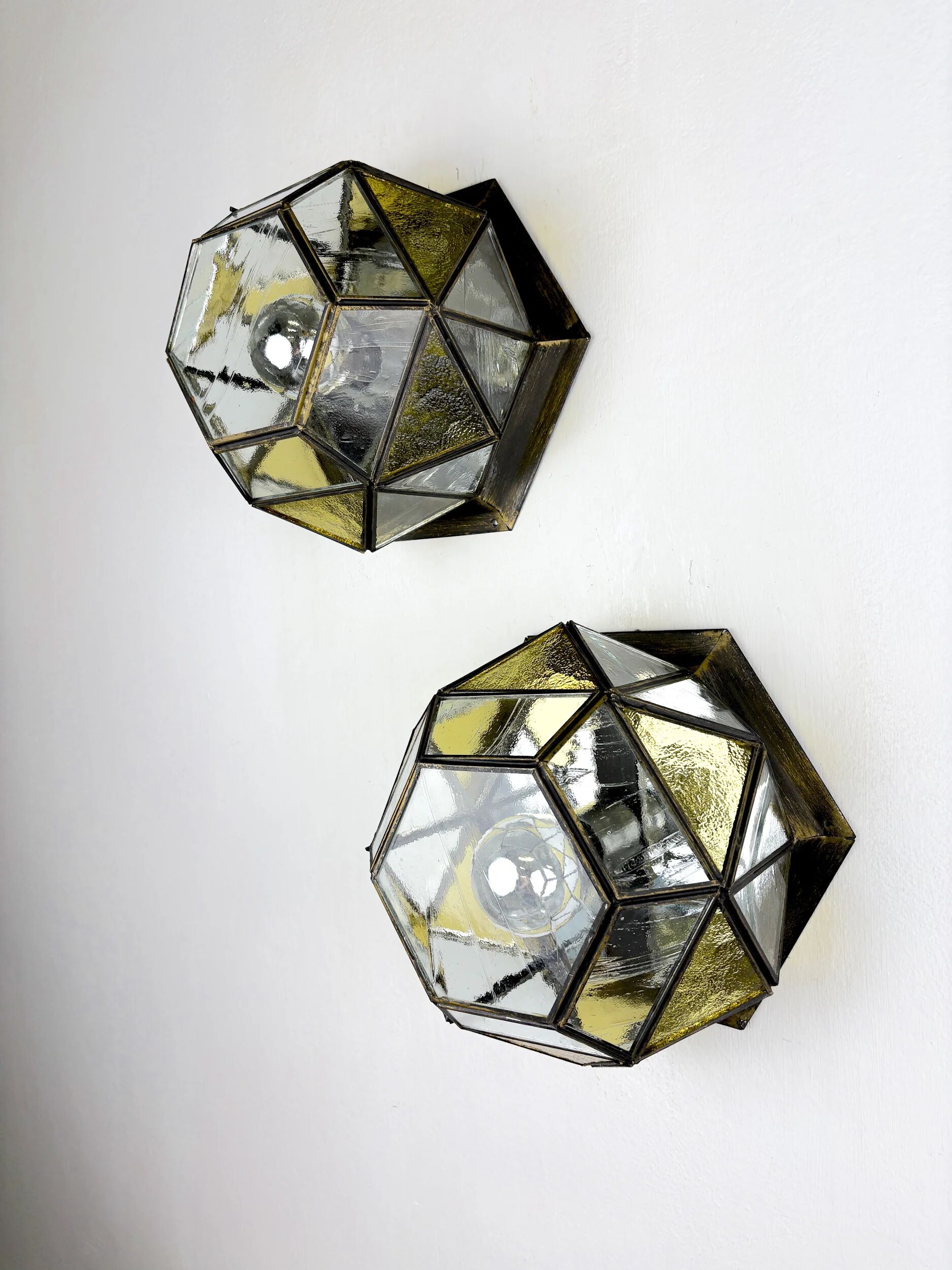 Pair of mid-century cubist blown glass ceiling lights, Germany, 1960s