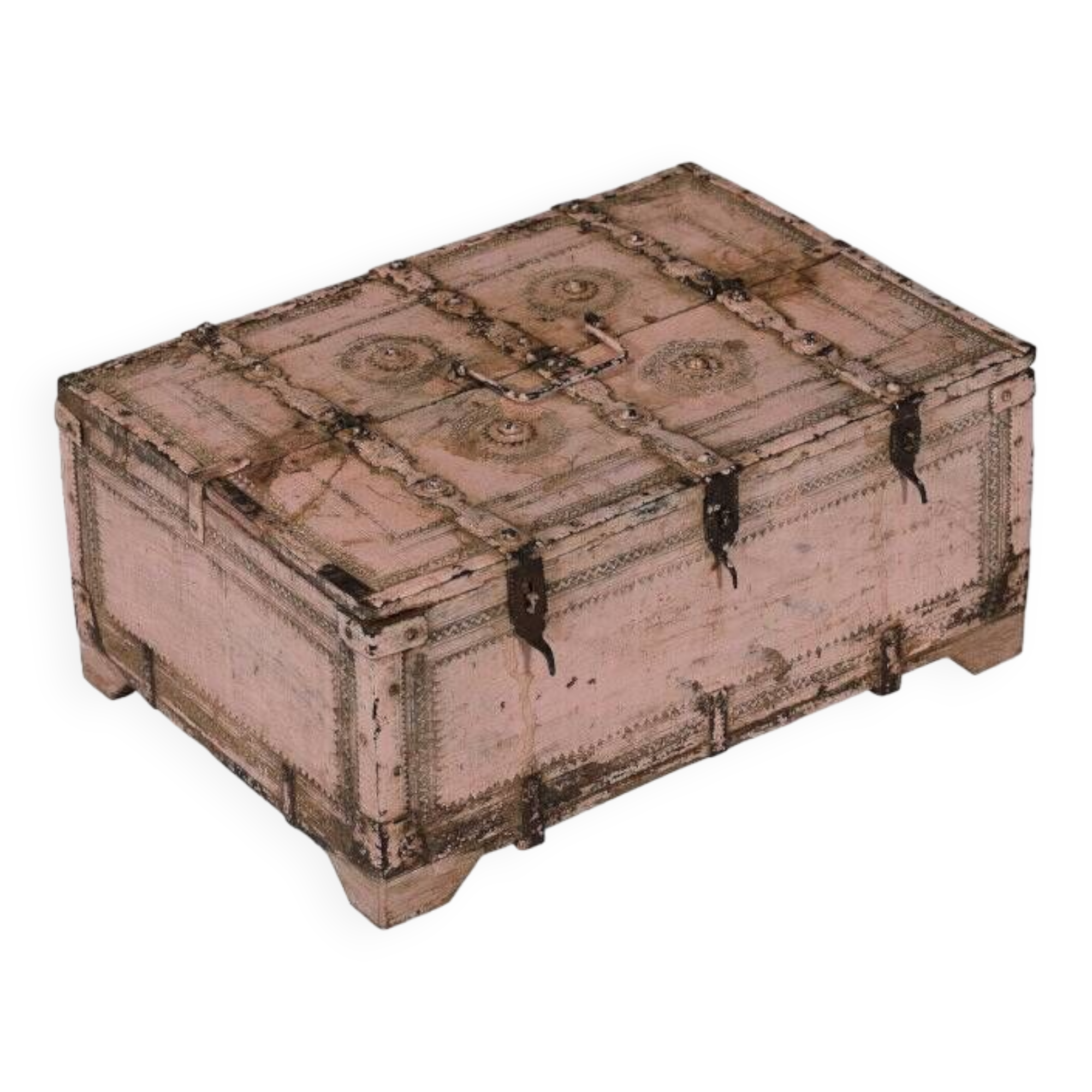 Coffre à dot Shekhawati Rajasthan Patine Rose Bois Sculpte Inde