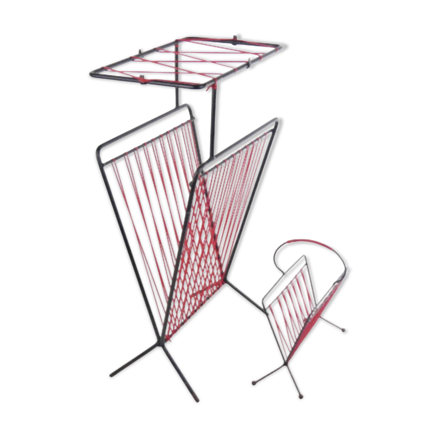 Set of 2 Vintage 1960s Magazine Racks in Wrought Iron and Red Scoubidou