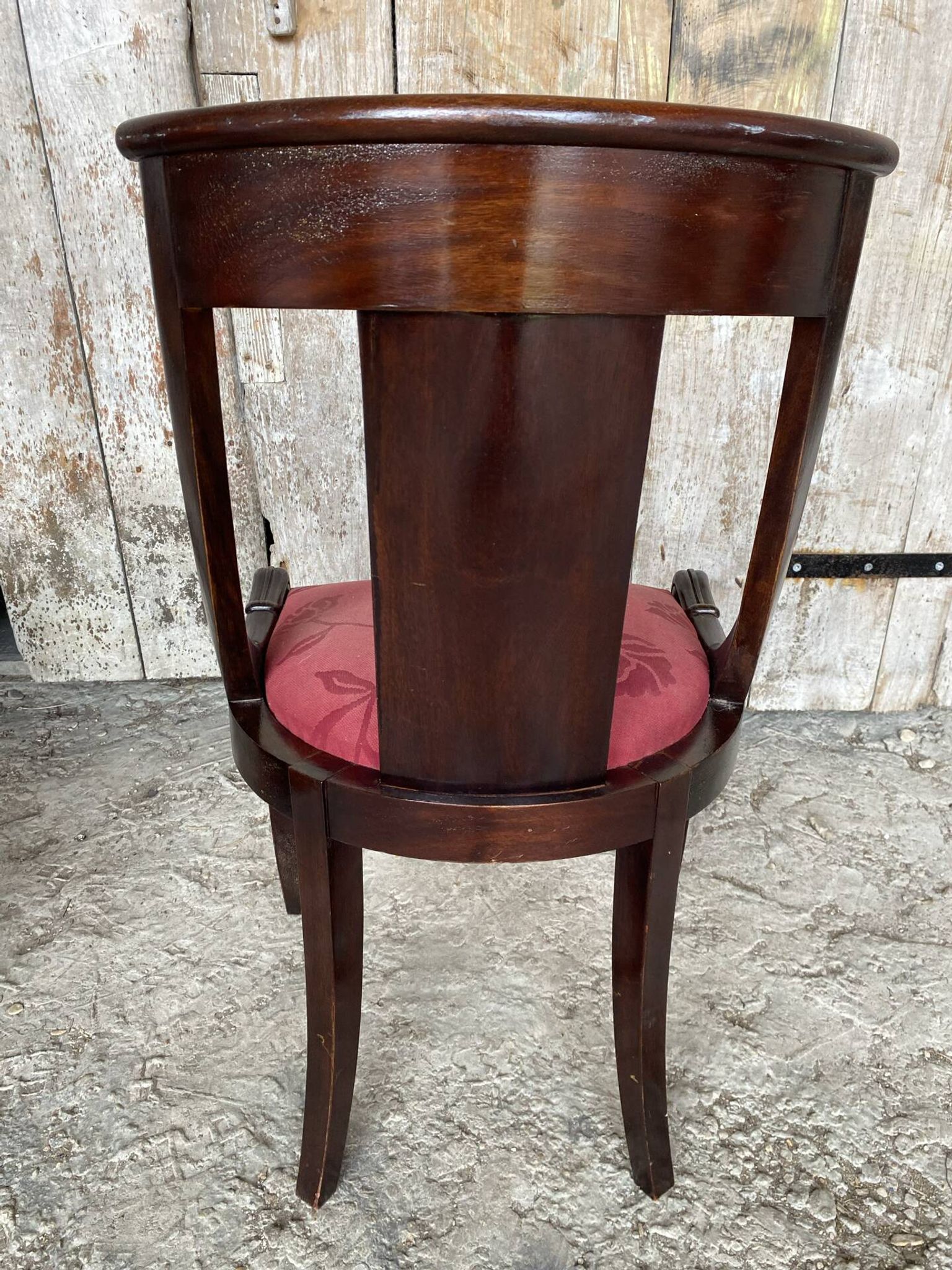 Antique Gondola Chair Empire Style Wood + Red Floral Vintage Fabric