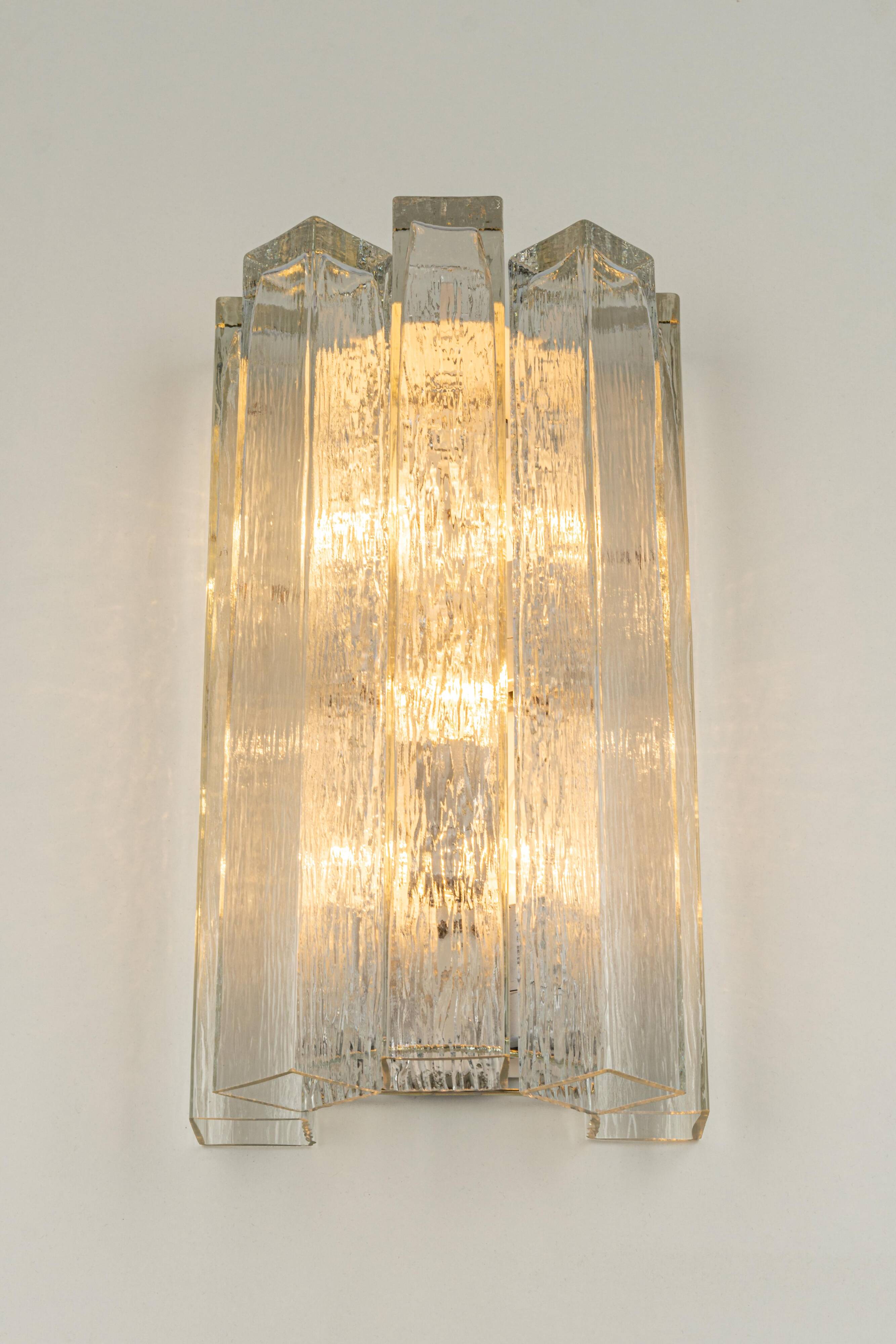 Large pair of wall sconces in brass and Murano glass by Doria, Germany, 1960s.