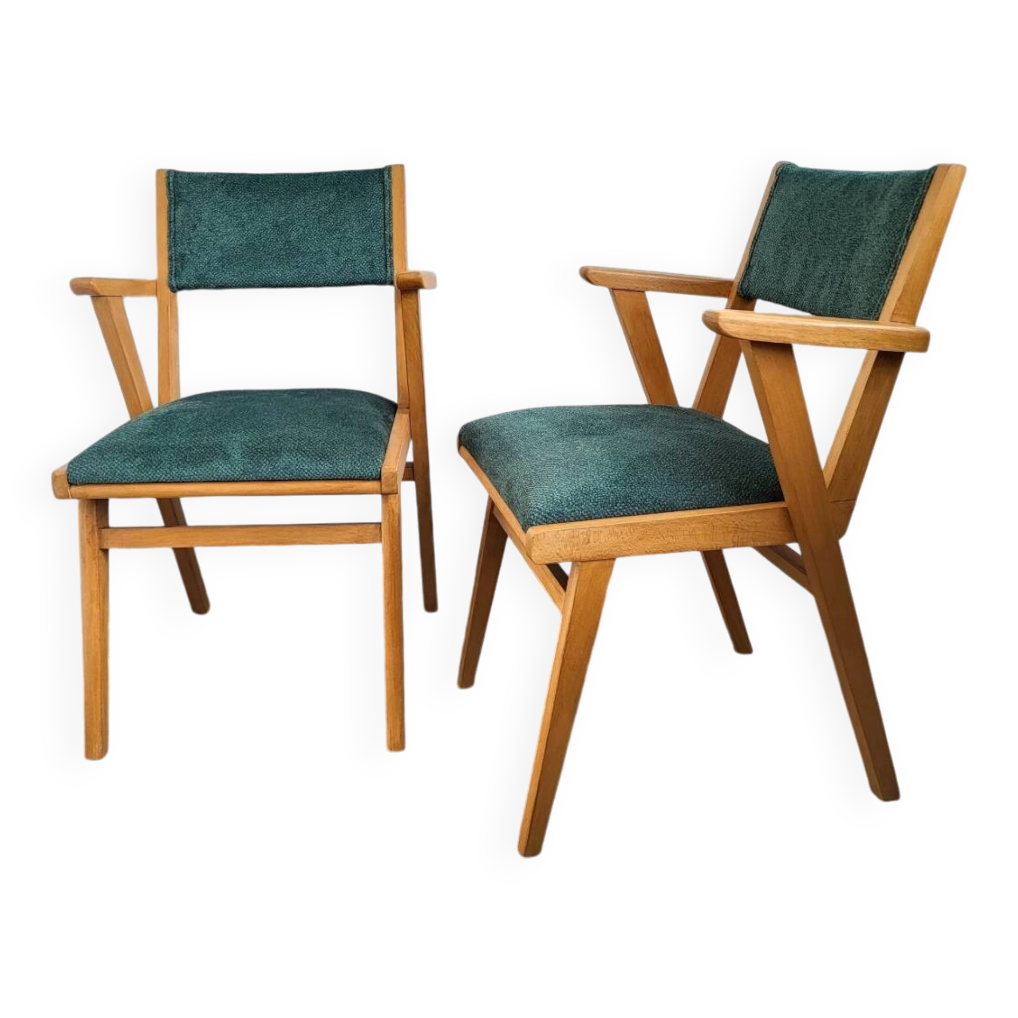 2 bridge chairs in wood and green velvet, 1960