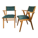 2 fauteuils bridge en bois et velours vert, 1960