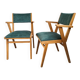 2 fauteuils bridge en bois et velours vert, 1960