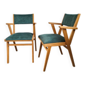 2 fauteuils bridge en bois et velours vert, 1960