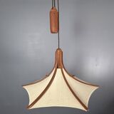 Teak And Linen Umbrella Counter Balance Pendant By Domus, 1970s