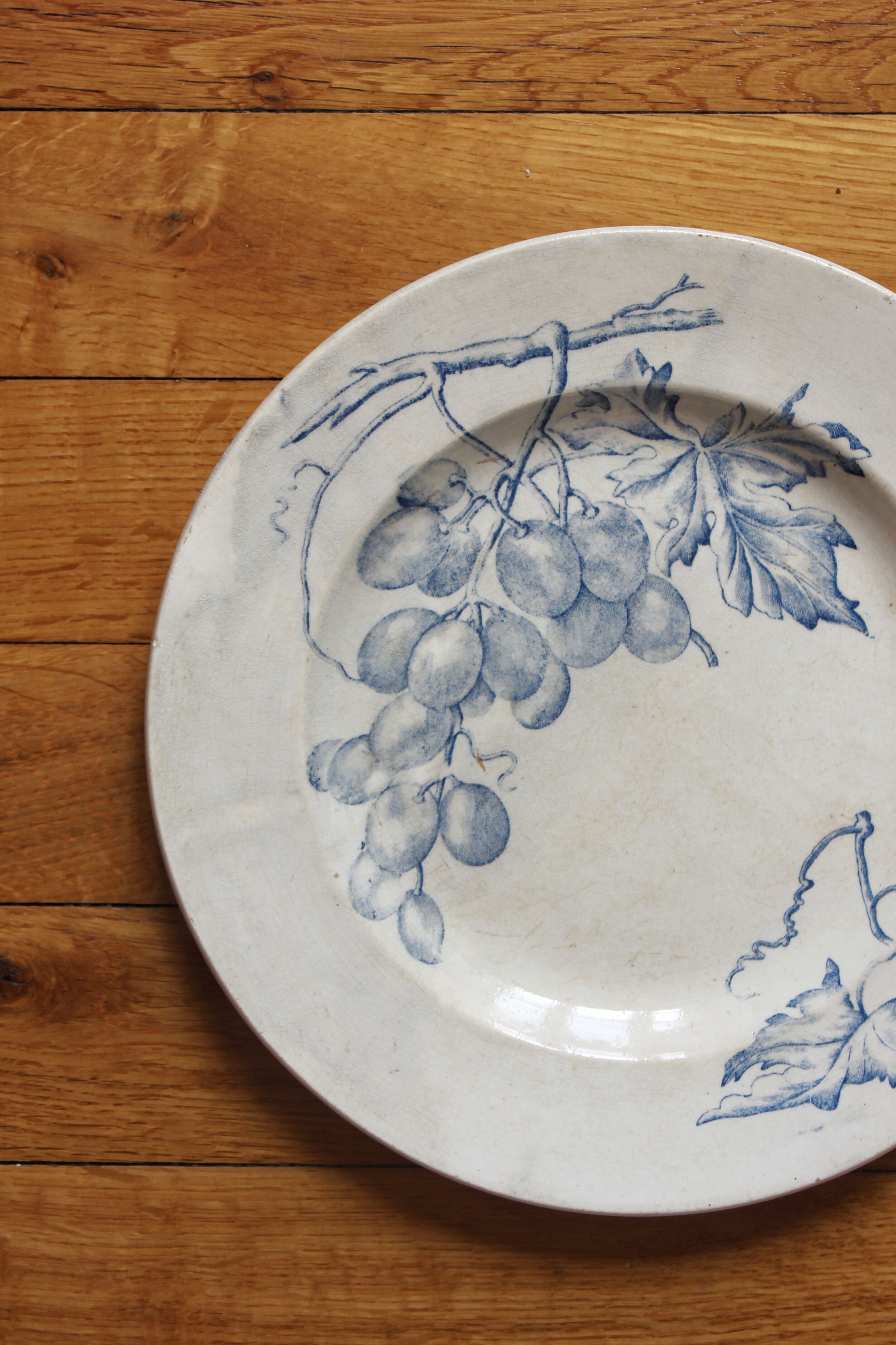 Round ironstone dish decorated with vines and grapes, late 19th-early 20th century