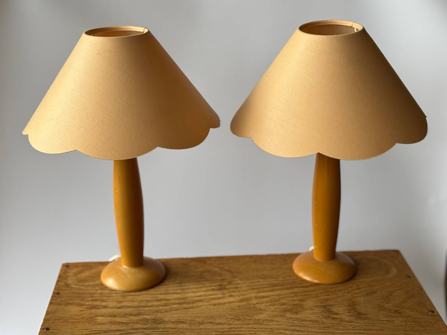 2 vintage wooden and fabric bedside lamps