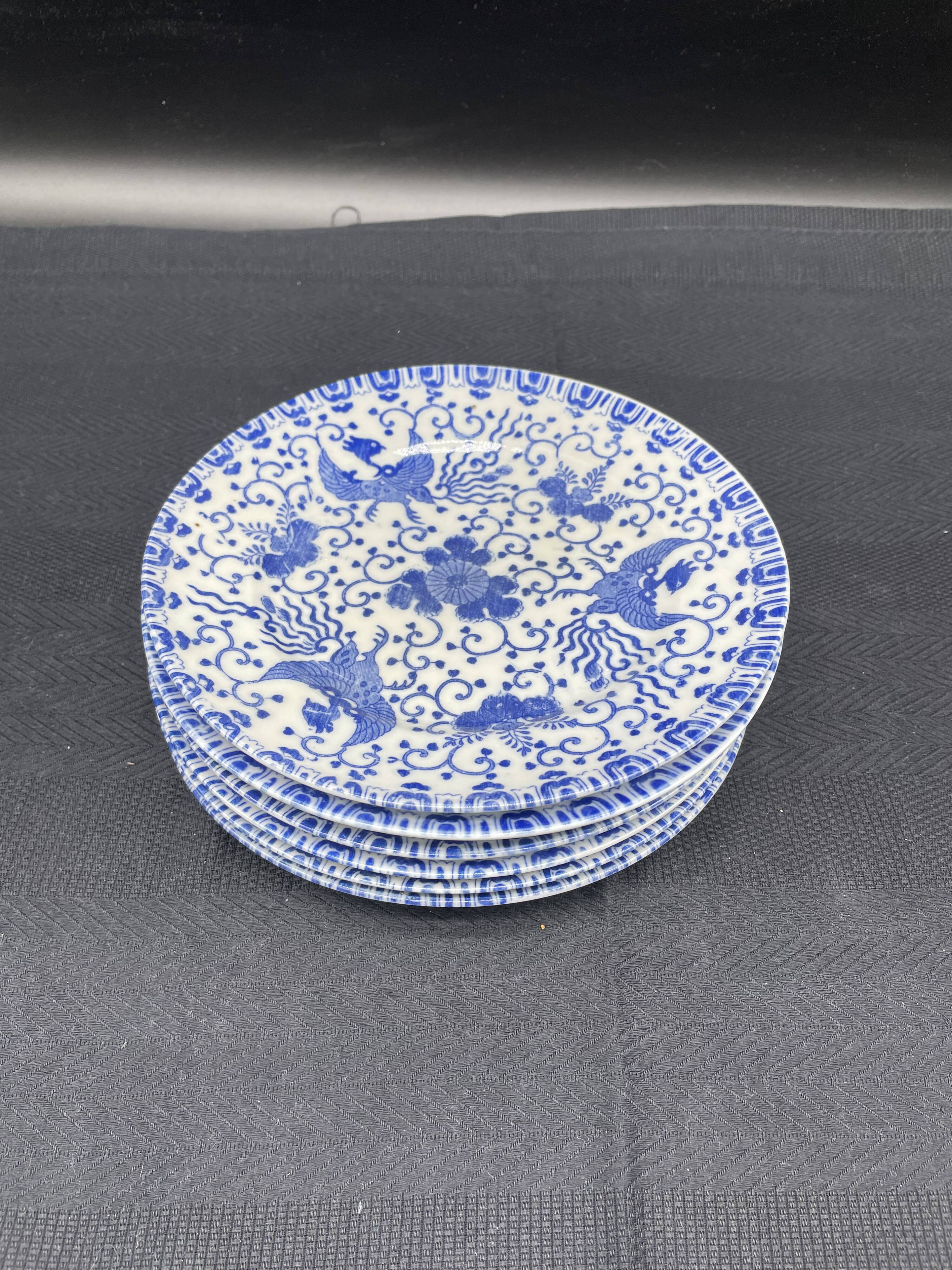 Service of 6 dessert plates, floral decoration, flowers, Japanese porcelain, Phoenix pattern, Blue, Japan
