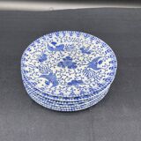 Service of 6 dessert plates, floral decoration, flowers, Japanese porcelain, Phoenix pattern, Blue, Japan