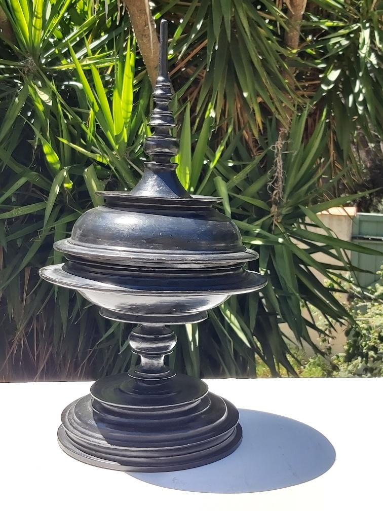 Ancient Burmese laywood offering pot