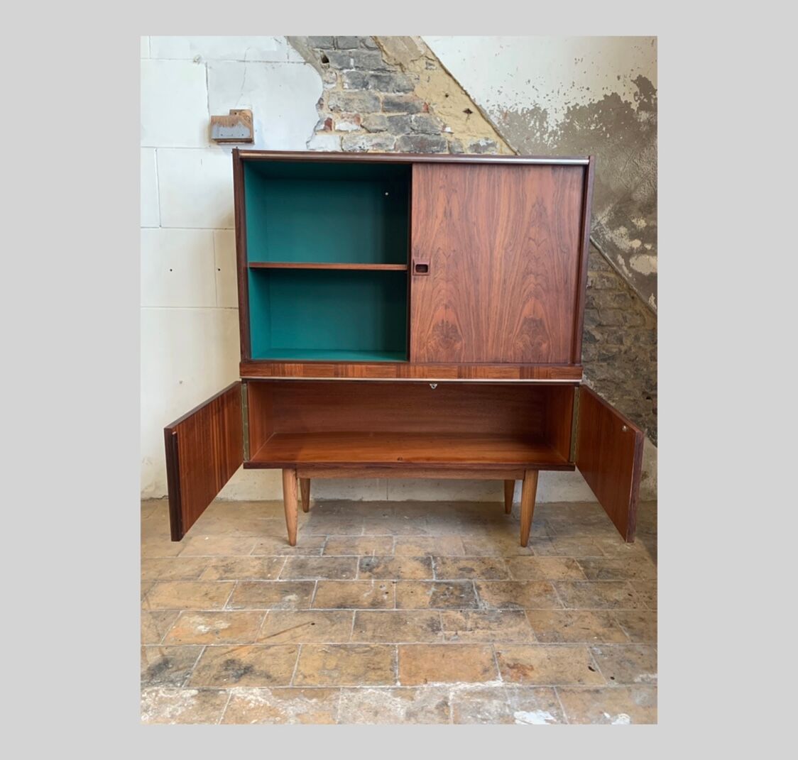 Vintage rosewood veneer top sideboard and dark green interior