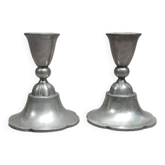 Pair Of Antique Danish Art Nouveau c.1920 Just Andersen Pewter Candlesticks