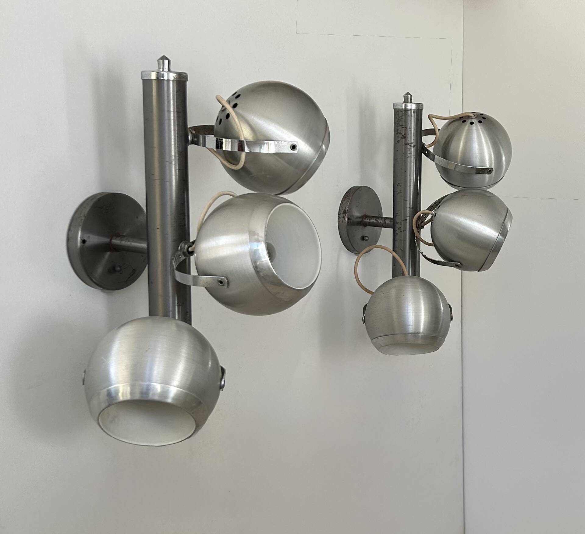 Pair of vintage adjustable wall lights, chrome and brushed metal, France 1970