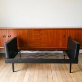 Day Bed sofa in skai, red mottled fabric and black metal 1950